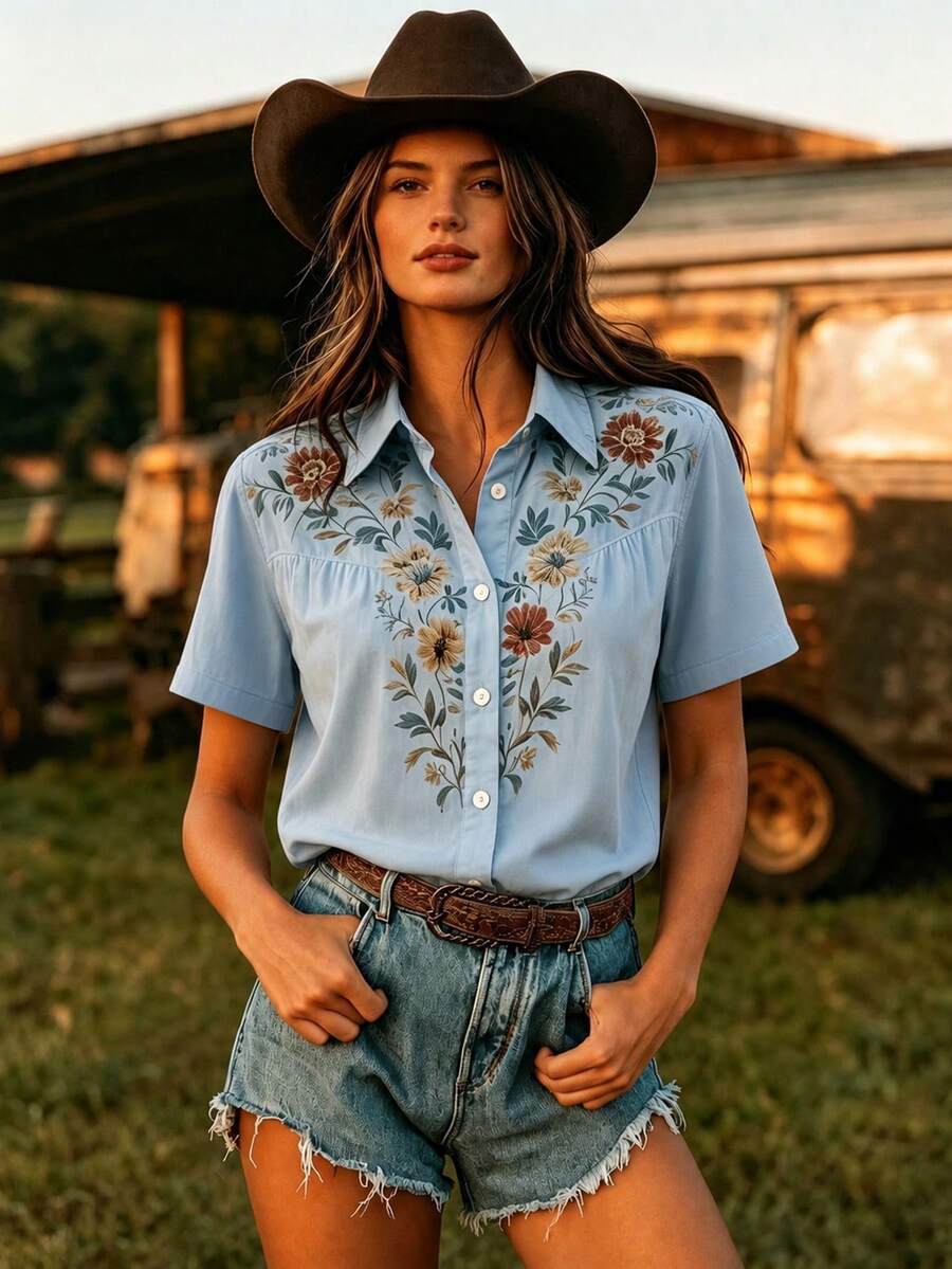YI XUAN Women's Vintage Bohemian Print Short Sleeve Shirt, Suitable For Autumn, Winter, Summer, Fashionable Casual, Daily Wear, Vacation And Music Festival
