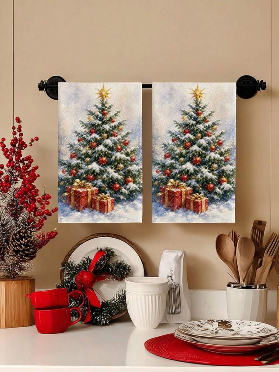 2pcs/4pcs Watercolor Snowy Christmas Tree Kitchen Towels, Falling Snow Christmas Tree Colorful Balls Red Gift Box Print, Cozy Holiday Hand Towels, Kitchen Baking Decor Towels - Multicolor - View 1