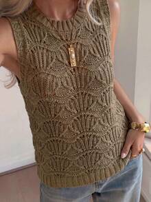 1pc Women's Summer Fashion Hollow Design Chunky Knit Sleeveless Vest, Solid Color Casual Knitted Tank Top - Camel - View 1