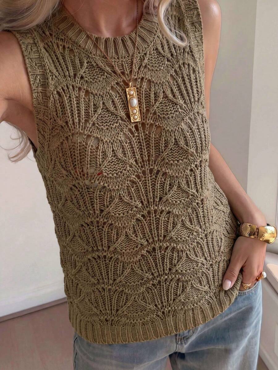 1pc Women's Summer Fashion Hollow Design Chunky Knit Sleeveless Vest, Solid Color Casual Knitted Tank Top - Camel - View 1