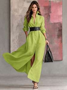HUTENER (不含腰帶) 女款優雅純色長洋裝，翻領單排扣慵懶舒適設計，適合通勤、度假、辦公，優雅時尚洋裝 - 綠色 - 查看 2