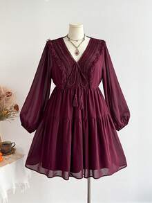 Women Plus Size Burgundy Chiffon Lace Patchwork Bohemian Long Sleeve Dress, Suitable For Autumn/Winter, Halloween Outfit - Burgundy - View 7
