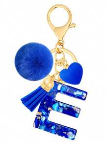 Cute A-Z Initial Keychain With Royal Blue Pom Pom, Heart And Tassel, Minimalist Personalized Key Chain For Women, Bag Charm, Daily Wear Accessory And Gift - Royal Blue - View 6