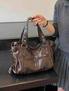Minimalist Soft Leather Large Capacity Tote Bag With Loose Body And Ample Storage Space, Easily Organizes Books, Tablets, Umbrellas, Cosmetics, Supports Hand-Carry, Shoulder, Crossbody Multiple Carrying Ways, Suitable For Classes, Daily Commute, Short Trips - Coffee - View 7