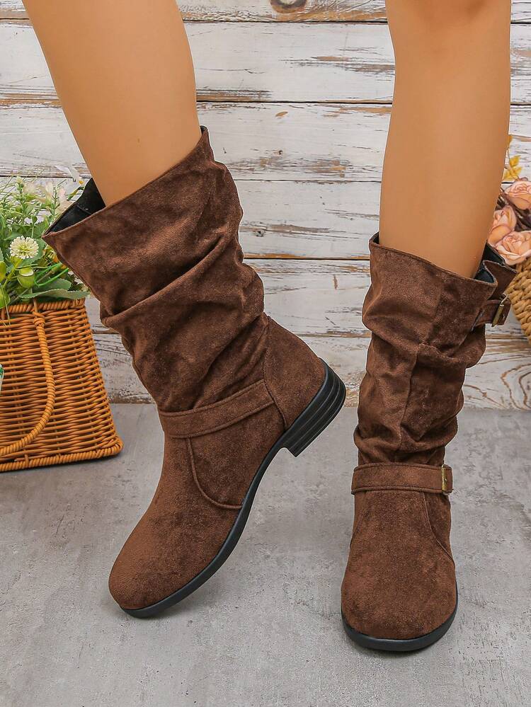 Vintage Ruched Slimming Slouch Boots, Suede Flat Chunky Heel Tall Boots, Western Style High Shaft Riding Boots, Knee-High Boots - Coffee Brown - View 5
