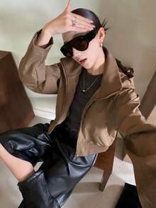 Autumn New Women's Short Motorcycle Jacket With Lining, Ribbed Waist Hem, Fashionable Stand Collar, Zip-Up Hooded College Style Jacket - Brown - View 4
