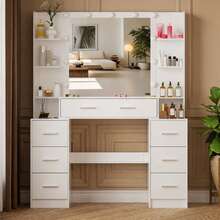 Teousev Dressing Table With LED Lighted Mirror, Vanity Makeup Desk With 7 Drawers, Open Side Storage Shelves, 3 Colour Dimmable Lights, White Cosmetic Dressing Table For Bedroom - White - View 2