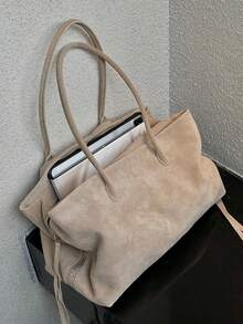 Autumn/Winter New Niche Design Faux Suede Multi-Compartment Shoulder Tote Bag, Minimalist High-Quality Large Capacity Commuter Handbag For Women - Khaki - View 1