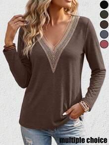 3pcs Women's Autumn Long Sleeve V-Neck Lace Detail Knit T-Shirt Regular Fit Top - Army Green + Dark Brown + Dark Blue - View 4