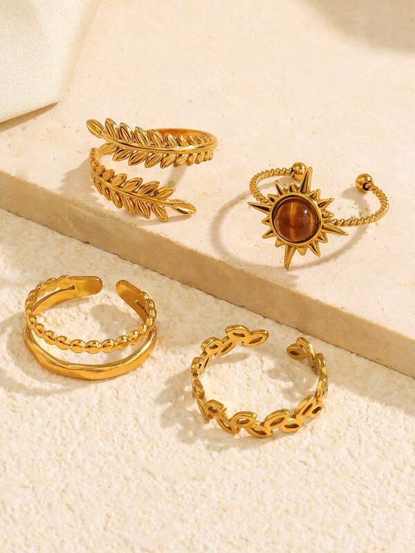 4pcs Stainless Steel 18K Gold Plated Fashion Versatile Elegant Geometric Line Sun Ring Set Suitable For Women Daily Wear, Holiday, Dating