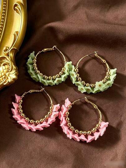 1 Pair Fashion Vintage Fresh Green & Pink Lily Bell Shaped Beaded Round Hoop Earrings, Bohemian Style Personalized Earrings