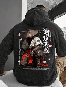 Men's Washed Vintage Hooded Sweatshirt, Autumn/Winter Retro Japanese Ronin Samurai Back Print, Loose Drop Shoulder Streetwear Pullover Hoodie - Black - View 4