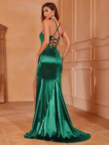 Faeriesty Ruched Bust Open Back Tie-Up High Slit Satin Slip Dress - Dark Green - View 3
