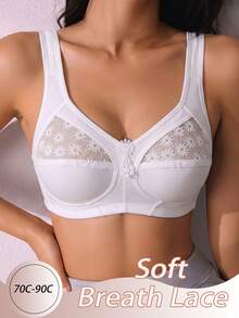 1pc Casual Comfortable Minimalist Women's Bra With Lace Patchwork, Wire-Free Back Design Lingerie - White - View 1