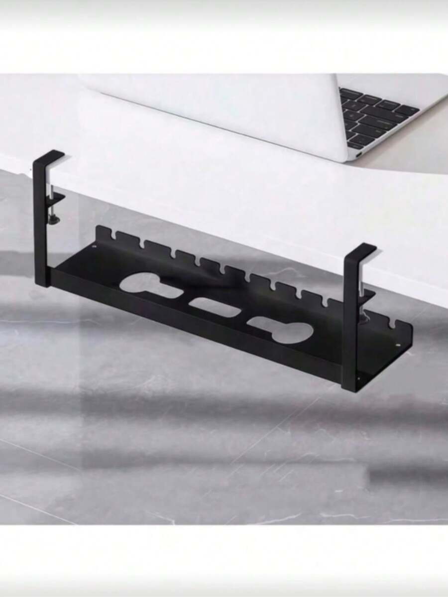 Drill-Free Desktop/Under-Desk Cable Management Tray, Home Storage Organizer Rack, Suitable For Organizing Cables And Power Strips, Comes With Cable Ties And Mounting Clips, Wall-Mounted Hidden Cable Management Tray, Adjustable Length - Black - View 1