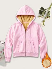 Women's Fleece Lined Hoodie Zip Up Jacket, Winter Sports Top With Pockets For Running Cycling Gym - Pink - View 3