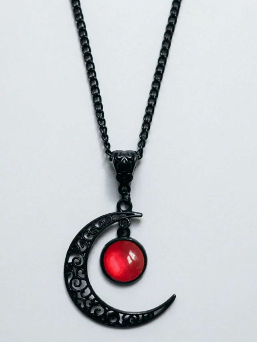 QTHOPE Gothic Punk Style Black Lace Purple Crescent Moon Necklace - Red - View 1
