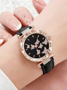 2Pcs/Set Sweet & Cool Style Women's Watch + Rhinestone Leather Strap Quartz Wristwatch, Holiday Birthday Gift Accessory, Suitable For Qixi, Valentine's Day, Christmas, Birthday Party, Anniversary, Thanksgiving Gift Giving. - Multicolor - View 5