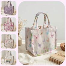 1pc Butterfly Print Corduroy Tote Bag, Snap Closure Cute Handbag, Reusable Student School Daily Outdoor Shopping Lunch Bag - Multicolor - View 1
