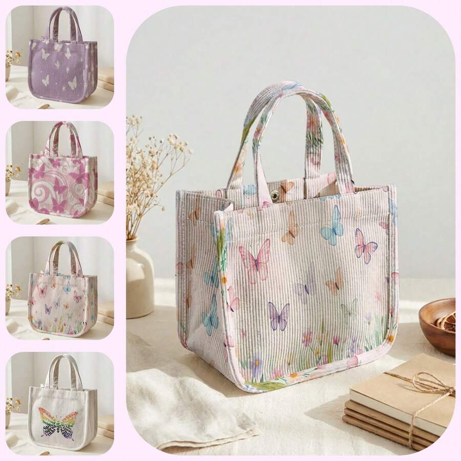 1pc Butterfly Print Corduroy Tote Bag, Snap Closure Cute Handbag, Reusable Student School Daily Outdoor Shopping Lunch Bag - Multicolor - View 1