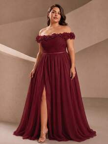 VIPGIRL Women's Elegant Plus Size Off-Shoulder Formal Evening Gown, 3D Rose Mesh Detail, Long Flare Ball Gown - Burgundy - View 3