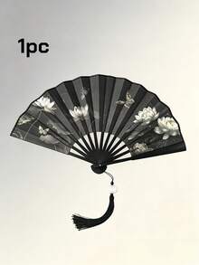 1pc Chinese Style Lotus Butterfly Print Folding Hand Fan With Tassel Pendant, Retro Portable Handheld Fan For Hanfu Qipao Cosplay Photography Summer Decor Gift - Double-sided Ink Lotus - View 8