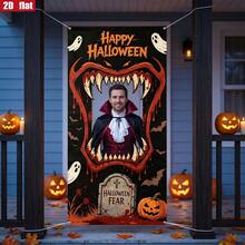 2D Flat Halloween Giant Fang Rectangular Hollow Photo Frame Backdrop Banner, Ghost Bat Pumpkin Tombstone Horror Party Portrait Photography Decoration Cloth - 1 - View 4