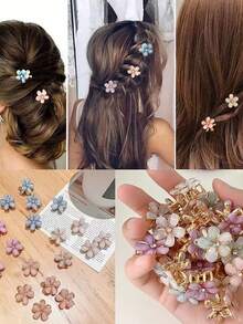 10/20/30pcs Random Mixed Color Alloy Crystal Flower Hair Clips, Exquisite Flower Shaped Hair Clips, Camellia Mini Claw Hair Clips, Suitable For Girls Side Hairstyles, Hair Accessories, Hair Clips For Braiding, Suitable For Daily Wear, Parties, Vacations. - Multicolor - View 2