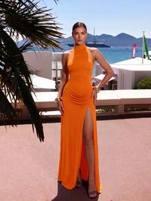 Elegant Strapless Oversized 3D Floral Pattern Beaded Ribbon Sequin Dress - Coral Orange - View 1