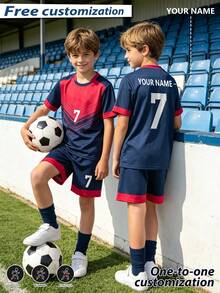 [Customized]Personalized Name Customization Celebrity Style No. 7 Number 2pcs Boys Girls Casual Soccer Uniform Set # -Round Neck-Short Sleeve And Shorts Set- Polyester, Back To School Season Suitable For -Sports -Training And Casual Wear, Outdoor Perfect Choice - Navy Blue - View 4