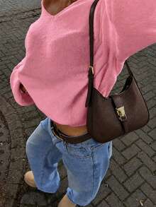 Joy Knit 女款針織毛衣 秋冬時尚新款 百搭上衣 簡約休閒 百搭款 純色捲邊深V領 粉色 - 粉色 - 查看 2
