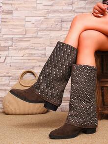 Elegant Sparkling Full Rhinestone Slouchy Tall Boots For Women, Vintage Pointed Toe Chunky Heel Western Style Tube Boots, Eye-Catching Look Suitable For Parties, Outings And Various Occasions - Brown - View 5