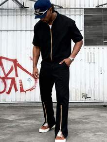 Men's Thin Comfortable Polyester Fabric Short Sleeve & Long Pants Set, Minimalist Streetwear Style, Casual Outdoor Daily Wear, Suitable For Summer - Black - View 2