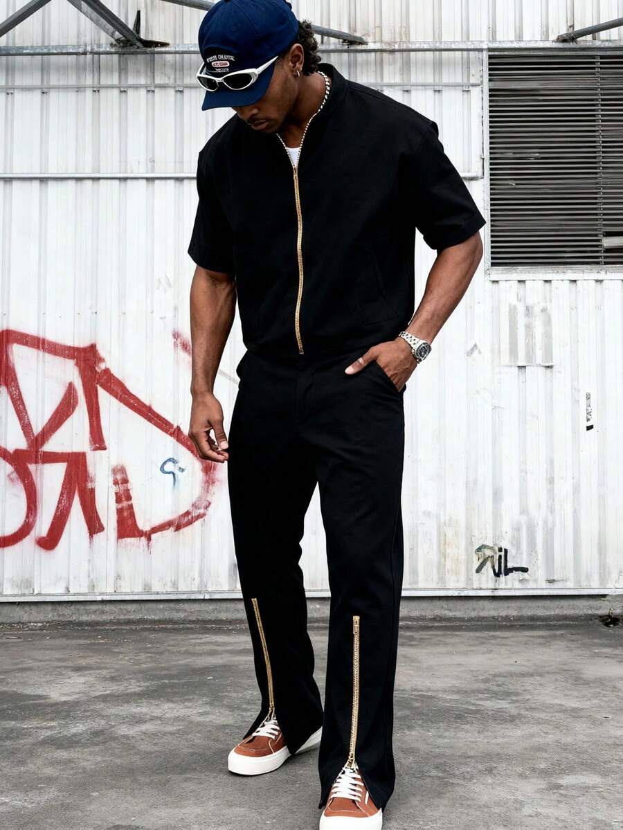 Men's Thin Comfortable Polyester Fabric Short Sleeve & Long Pants Set, Minimalist Streetwear Style, Casual Outdoor Daily Wear, Suitable For Summer