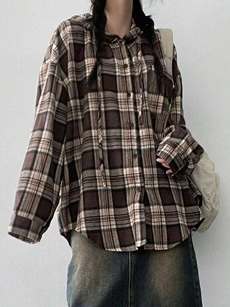 Women's Spring/Autumn Casual Daily Office Commute College Style Printed Drop Shoulder Loose Long Sleeve Shirt - Brown - View 1