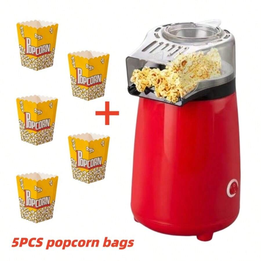 6-piece set (1pcs popcorn machine + 5 pcs popcorn bags)Mini Automatic Popcorn Machine, Plastic Hot Air Turbine Heating, Electric Popcorn Maker for Home Use, One-Touch Operation, Oil-Free, - Ideal for Watching Movies and TV Shows - Rojo - Ver 1