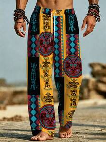 Retro Mexican Indigenous Print Men's Loose Drawstring Waist Surfing Beach Holiday Wide Leg Pants, Print Sublimation - Multicolor - View 1