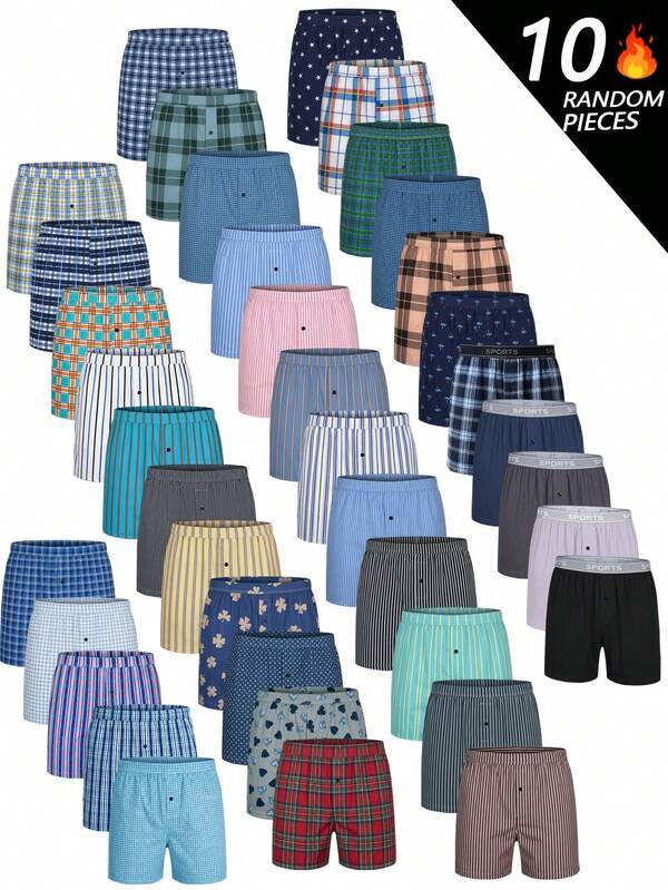 10pcs Random Assortment Men's Underwear, Comfortable Polyester Fabric, Plaid Pattern With Buttons, Elastic Waistband, Multi-Color Pack, Home Essential, Men's Gift