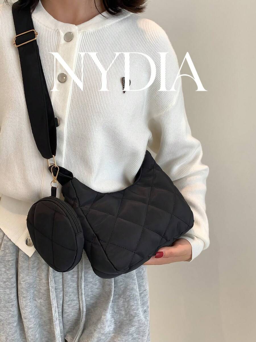 Quilted Hobo Bag With Coin Purse Valentines - Black - View 1
