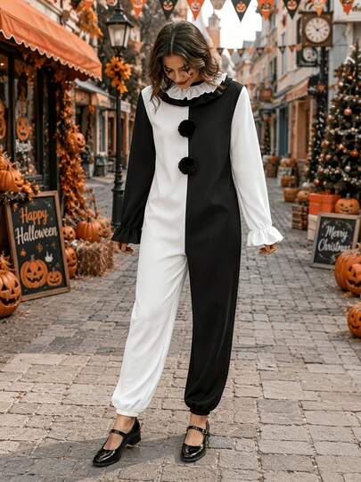 Women's Vintage Clown Jumpsuit - Pure Black And White Clown Costume With Collar, Round Neck Design, Suitable For Halloween