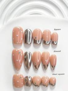 10片韓式極簡風手工穿戴甲，Polygel美甲套組，水鑽波點圖案，銀色與白色指甲油，溫柔風格，附美甲工具，3種尺寸可選，方型、短方型、杏仁型，適合派對、舞蹈、日常配戴 - 彩色 - 查看 1