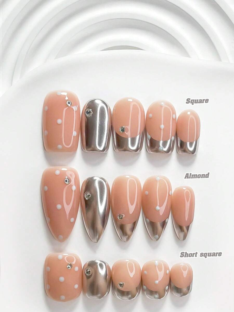 10片韓式極簡風手工穿戴甲,Polygel美甲套組,水鑽波點圖案,銀色與白色指甲油,溫柔風格,附美甲工具,3種尺寸可選,方型、短方型、杏仁型,適合派對、舞蹈、日常配戴 - 彩色 - 查看 1