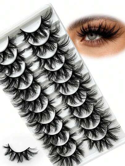 10 Pairs Messy Fluffy False Eyelashes, 5D Faux Mink Dramatic Volume Strip Lashes, Super Thick Wispy Spiky Fake Eyelashes, Soft Reusable Eye Lashes For Party Festival Daily Makeup