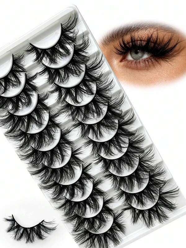 10 Pairs Messy Fluffy False Eyelashes, 5D Faux Mink Dramatic Volume Strip Lashes, Super Thick Wispy Spiky Fake Eyelashes, Soft Reusable Eye Lashes For Party Festival Daily Makeup