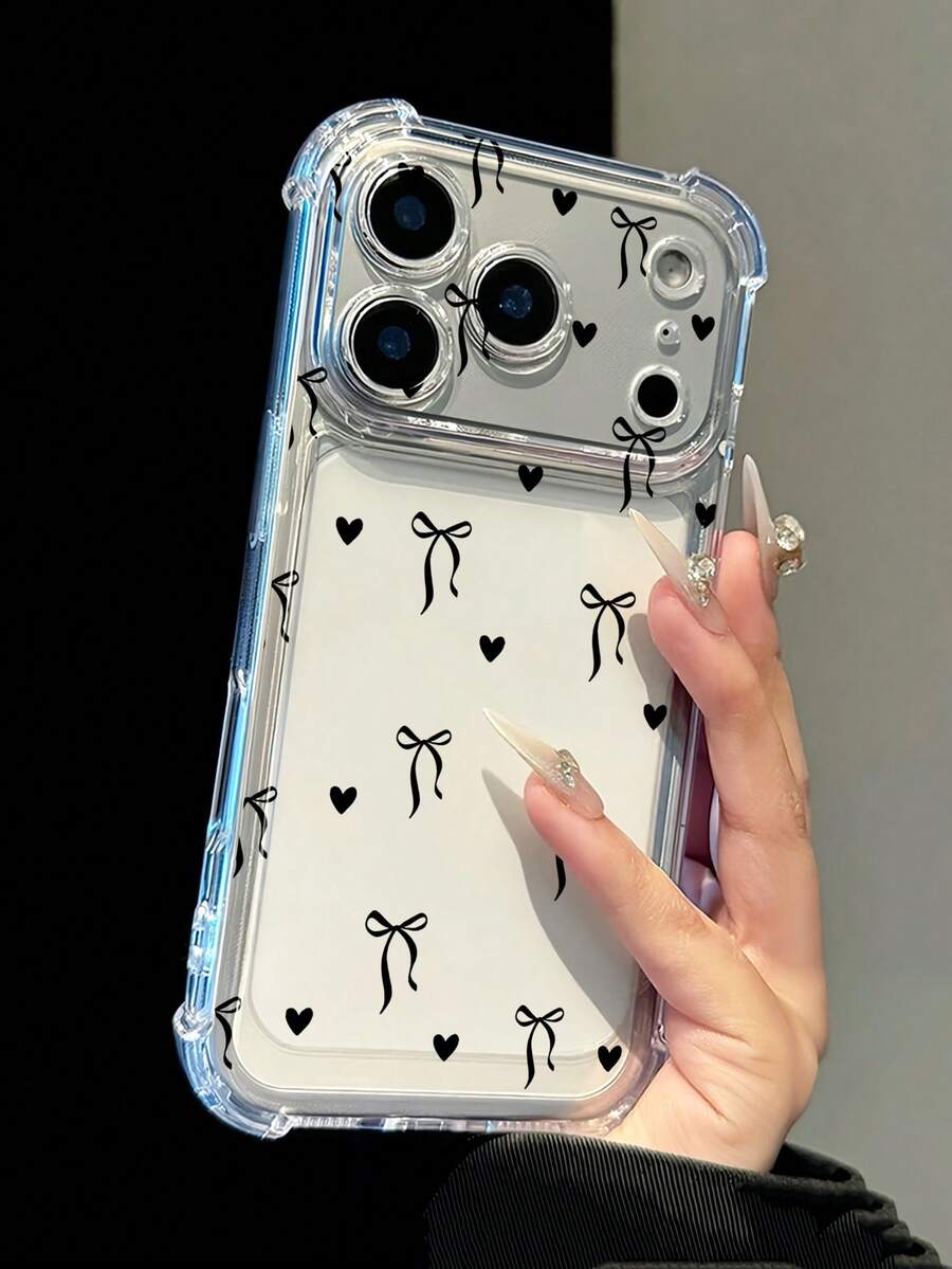 1pc Minimalist Cute Bow & Heart Design Transparent Soft TPU Shockproof Phone Case, Perfect For Daily Use, Compatible With IPhone 17 Pro Max/17 Pro/17/16/16 Plus/16 Pro Max/15/15 Plus/15 Pro/15 Pro Max/14/14 Plus/14 Pro Max/13/12/13 Pro/13 Pro Max/11 And S21/S22/S23/S24/S25/S21 Ultra/S22 Plus/S22 Ultra/S23 Plus/S23 Ultra Series Smartphones Protective Cover - Clear - View 1