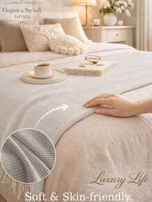 1pc Solid Color Chenille Tassel Bed Runner, Dirt-Resistant, Scratch-Resistant Home Decor, Suitable For All Seasons, Machine Washable, Hand Washable, For Living Room, Bedroom - Beige - View 2