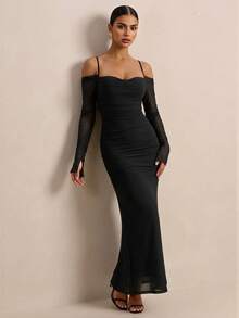 PARTHEA Gaun Maxi Mermaid Jala Hitam Elegan dengan Bahu Terbuka, Gaun Pesta Bodycon Berkerut dengan Tali Bahu Tipis dan Leher Bentuk Hati - Hitam - View 4