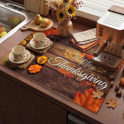 1pc Dish Drying Mat, Coffee Machine Mat, Thanksgiving Maple Leaf Autumn Style Placemat, Absorbent Non-Slip, Heat Resistant Wear-Resistant To Protect Tabletop, Suitable For Dining Table, Kitchen Countertop And Other Home Scenes, Practical Kitchen Mat To Create Warm Thanksgiving Holiday Atmosphere, Home Gift, Tabletop Decor