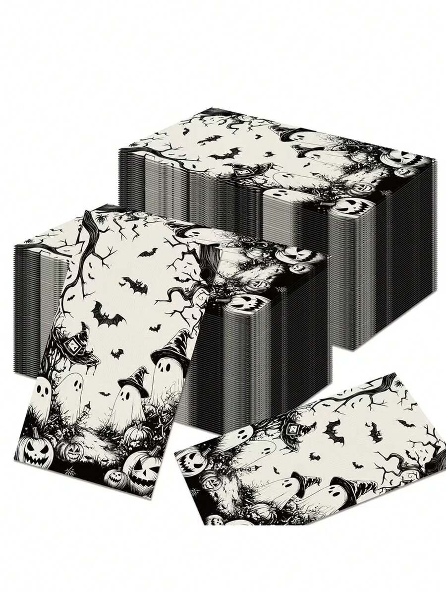 20pcs/1pc Halloween Ghost-Patterned Napkins-Featuring Ghost, Bat, And Pumpkin Designs; Perfect For Retro-Themed Parties, Halloween Gatherings, Spooky-Themed Nights, "Trick-Or-Treating," And Other Celebrations. - One Size Fits All - View 1