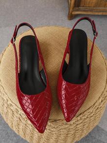 XBYASDF Sepatu hak tinggi wanita model slingback runcing berwarna merah mengkilap dengan detail quilting, tali rendah, hak rendah 3 cm, sandal serbaguna untuk bepergian dan kencan. - Merah - View 4